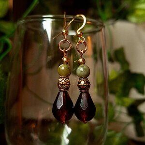 Purple Czech Glass & Green Serpentine Drop Earrings, 24k Gold Stainless Hooks